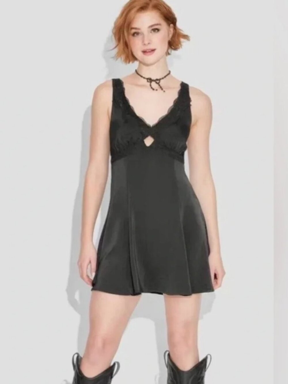 Wild Fable Black Satin & Lace Mini Slip Dress with Center Cutout Size Medium